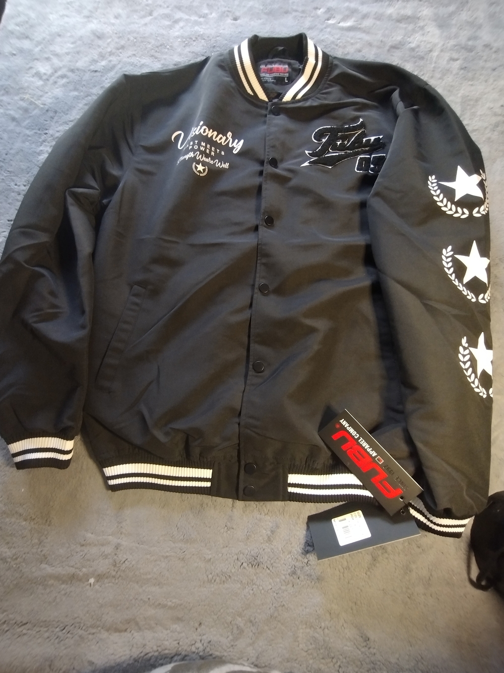 Vintage Fubu Black Varsity Jacket with Star Sleeve Graphics